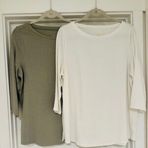 Belle by Kim Gravel 2-Piece Knit Top Set Olive Ivory Cotton Modal Stretch